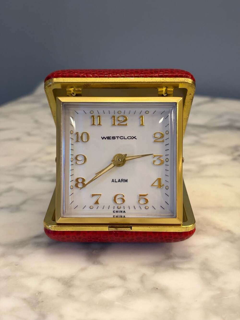 Vintage MCM Westclox Travel Alarm Clock in Red Faux Alligator Case